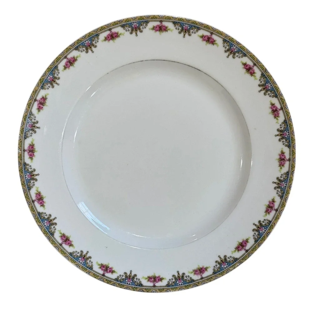 Lanternier Limoges France Floral Dinner Plate Gold Rim‎ Pink Roses